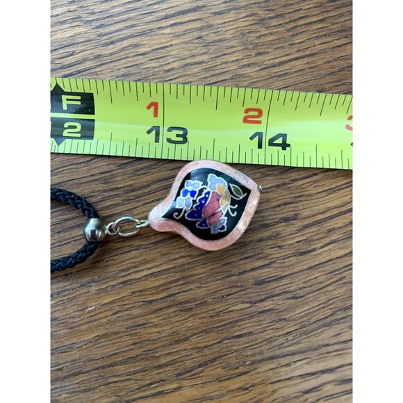 Vintage Cloisonne Floral Black Rope Victorian Pendant Necklace ~Chinese - Picture 6 of 7